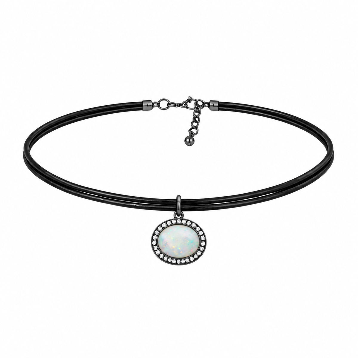 EOS - Opale diamants or blanc cuir collier