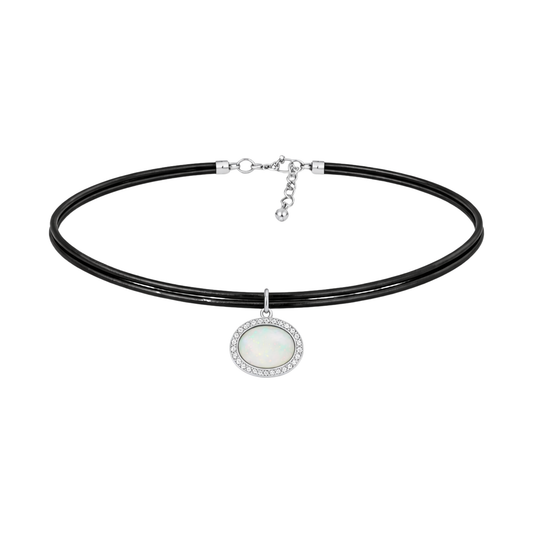 EOS - Opale diamants or blanc cuir collier